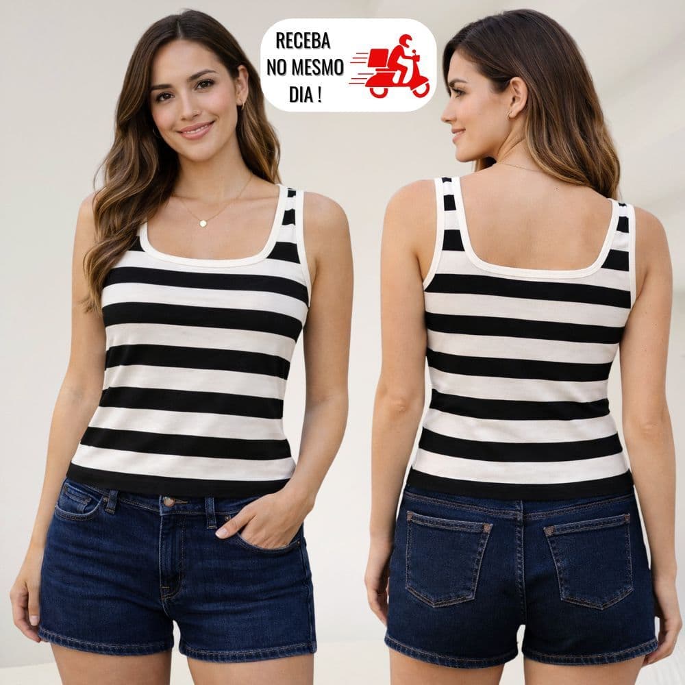 Blusa Regata Feminina Listrada Decote Quadrado Básica Casual Confortável Moda Feminina