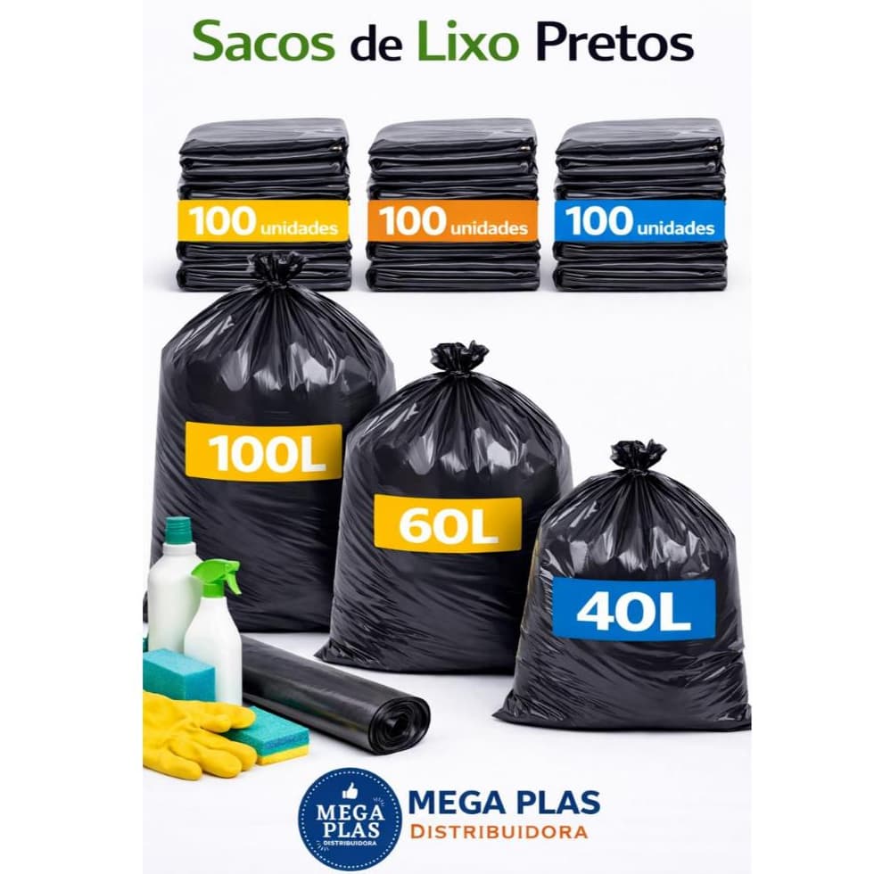 Sacos de Lixo Preto Resistente  40L, 60L e 100L Pacote com 100 Unidades