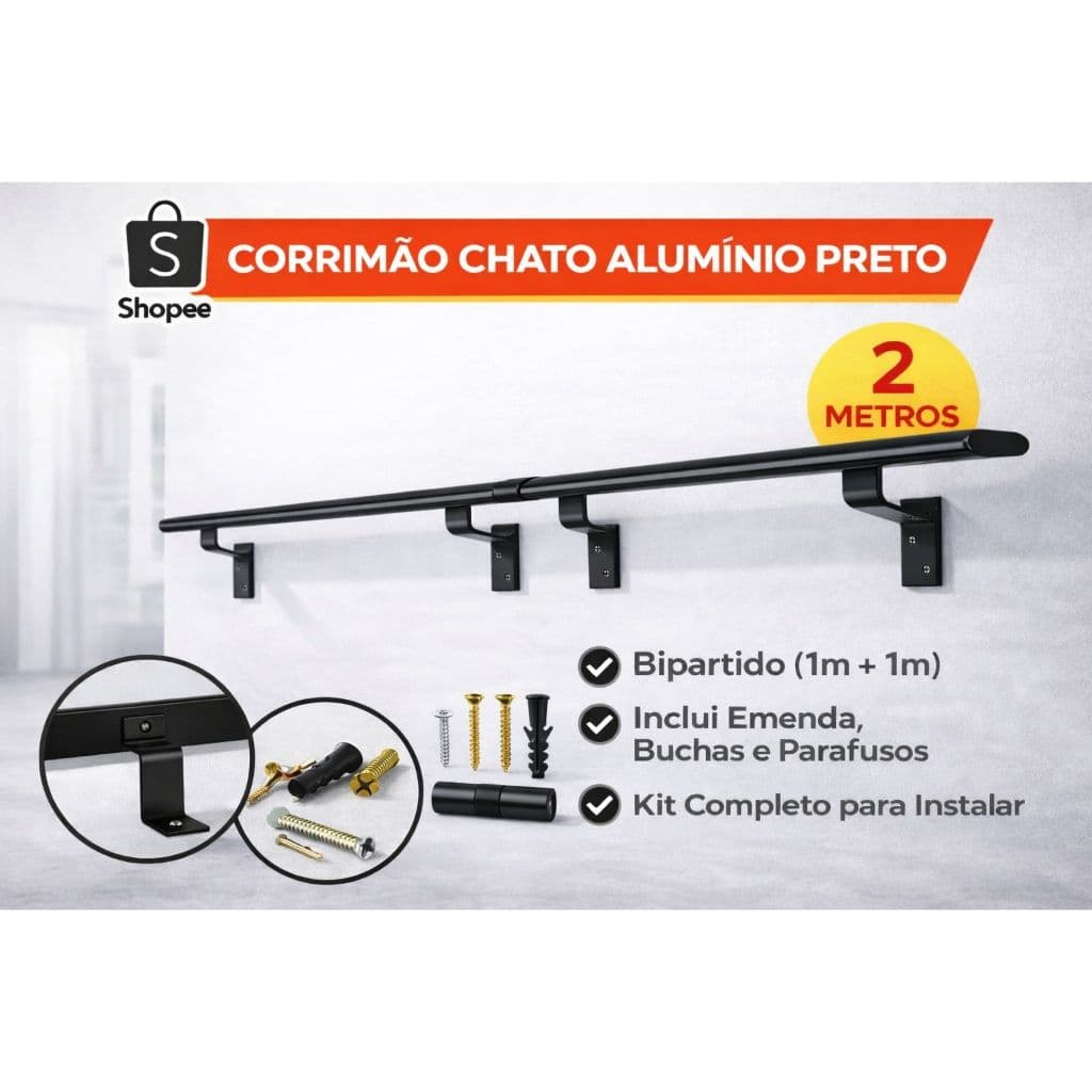 Corrimao Chato Alumínio 2 Metros Completo Reforçado