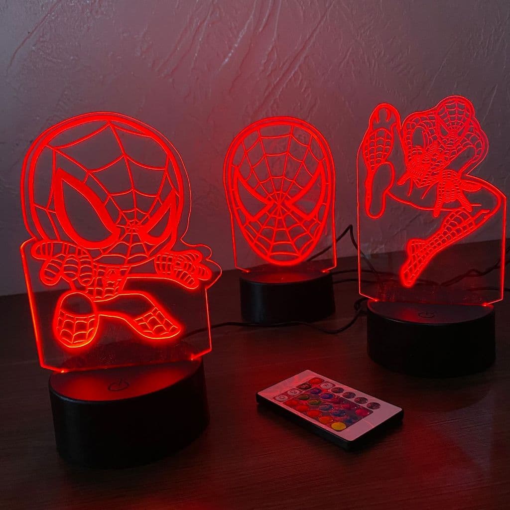 Luminária 3D HOMEM ARANHA - Luz no Acrílico - Base PRETA/BRANCA - Com CONTROLE
