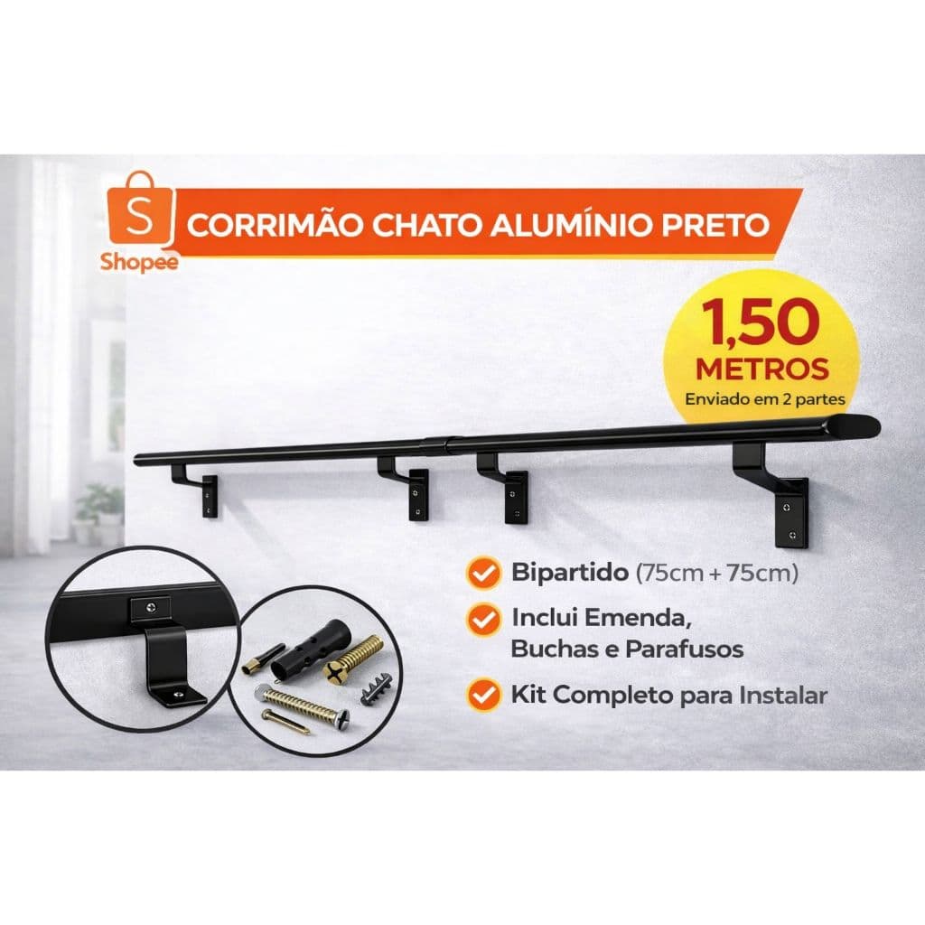 Corrimão Chato Aluminio 1,50 Metros Suportes Reforçados Aluminio em Alta Qualidade