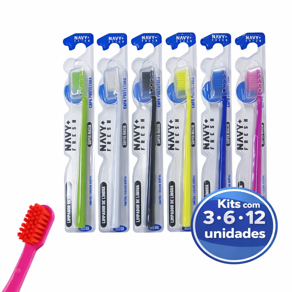 Escova Dental Super Macia com Capa e Limpador de Língua – Kit 3, 6 ou 12 Unidades