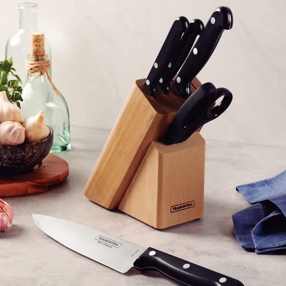 Tramontina - Jogo De Facas Ultracorte Preto 6 Peças Com Cepo - Facas Legumes Churrasco Tesoura
