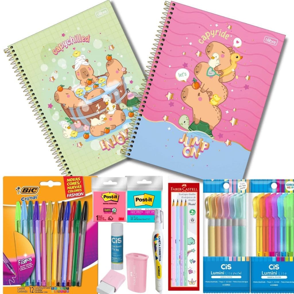 KIT CADERNO CAPYCLUB 80FLS ITENS DE ESCRITA POST IT MARCATEXTO ERROREX COLA BORRACHA APONTADOR LAPIS