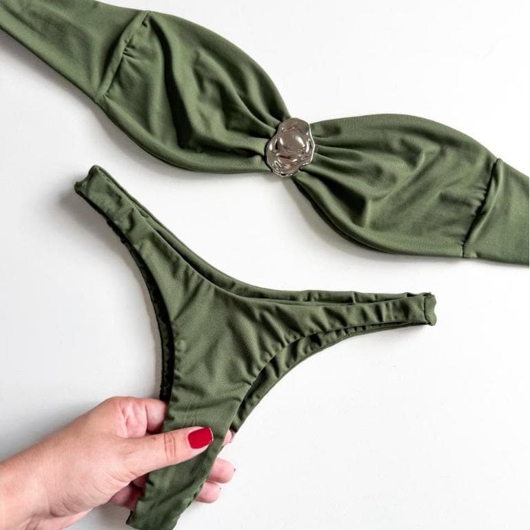 Biquini Top Tomara Que Caia com Bojo Removível Calcinha Semi Fio Argola de Metal Luxo- Moda Praia
