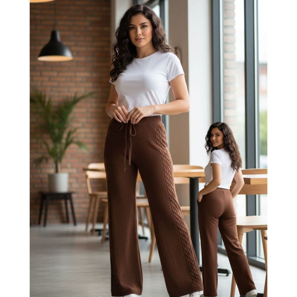 Calça Pantalona Tricô Feminina Moda Inverno Casual Tricot Trançada na Lateral Amarração
