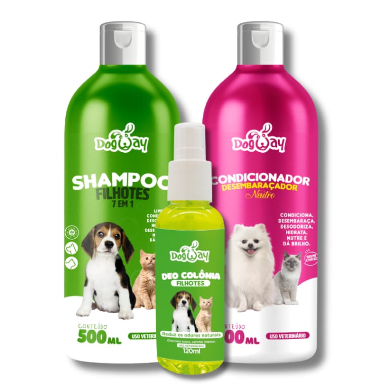 Kit Shampoo Filhotes 7 em 1, Condicionador Neutro e Deo Colônia para Cães e Gatos