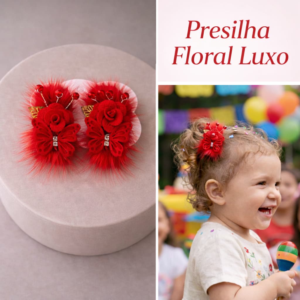 Presilha Infantil Flor Vermelha  com Borboleta – Acessório para Festa.
