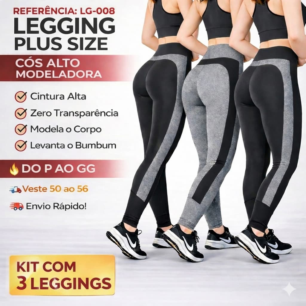 Kit 3 Calças Legging Feminina Cós Alto Suplex Academia Fitness Compressão P ao GG