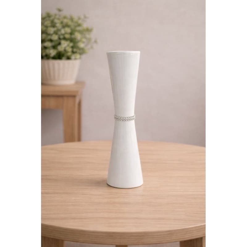 Solitário de Cerâmica Esmaltada 20cm com Strass – Vaso Decorativo Branco para Mesa Posta, Sala e Eventos