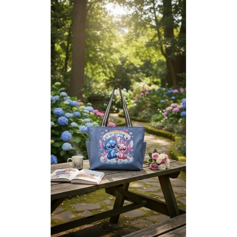 Bolsa tecido jeans lona tema coruja+ lilo e angel