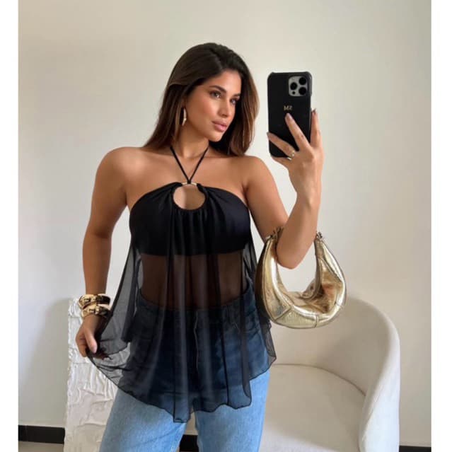 Bata Blusa Feminina em Tule Com Bojo Forrada com Decote Argola Tendência Cropped Verão