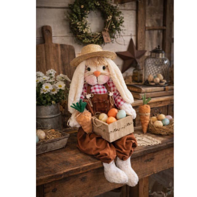 Coelho de Páscoa Decorativo 60cm Farmhouse com Caixotinho e Cenoura decoração de Páscoa