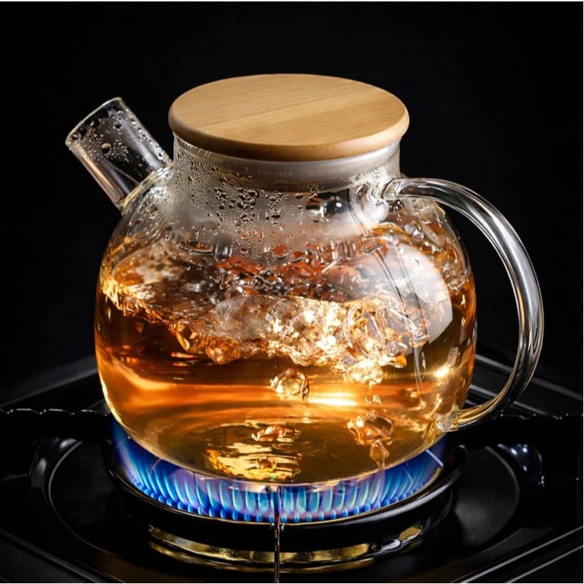 Chaleira de Vidro com Tampa Bambu Premium Borossilicato 1L Bule Café Chá