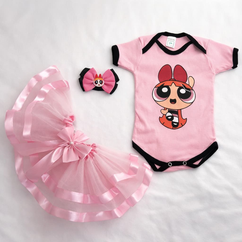 Kit Menina Mesversário Florzinha Meninas Superpoderosas Body Bebê com Saia Luxo e Laço