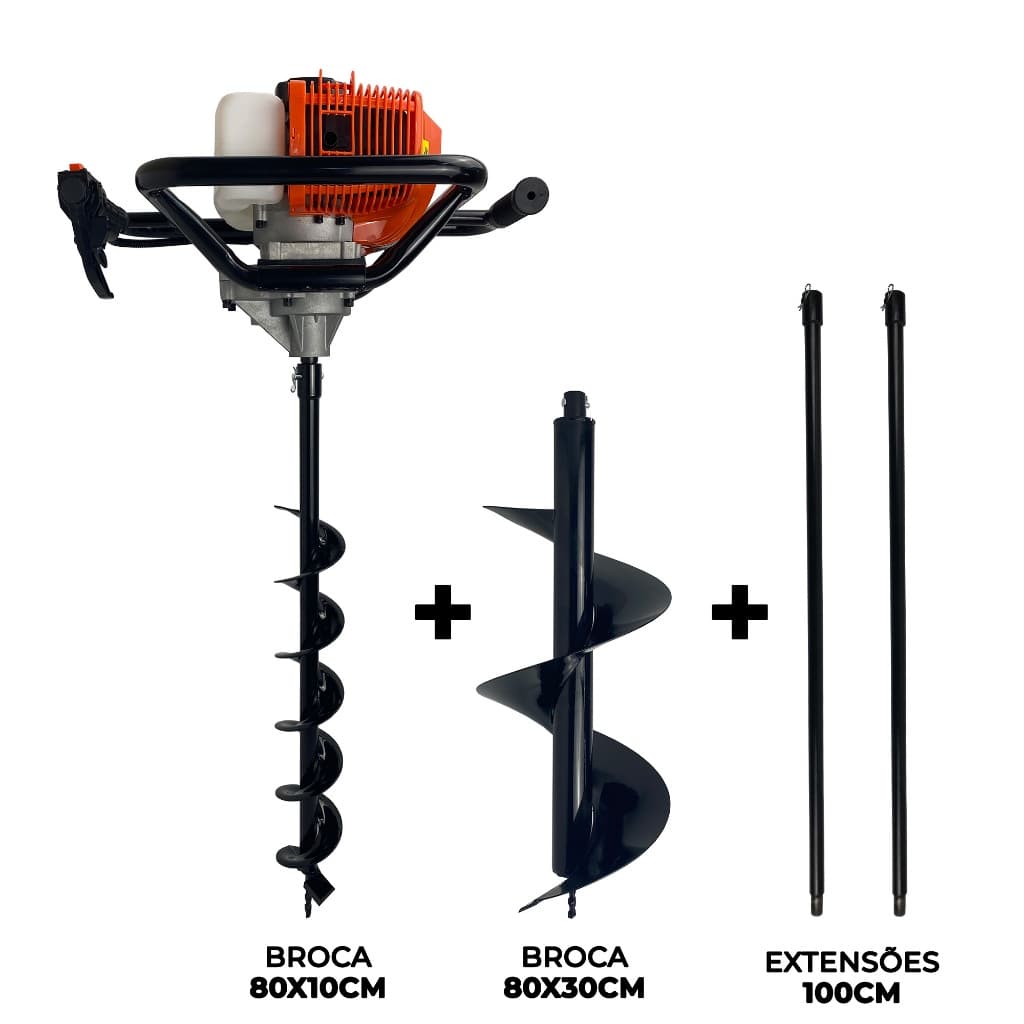 Perfurador de Solo a Gasolina Profissional com Brocas e Extensor 52cc 2,5HP FAK520PS  Carbon Fak
