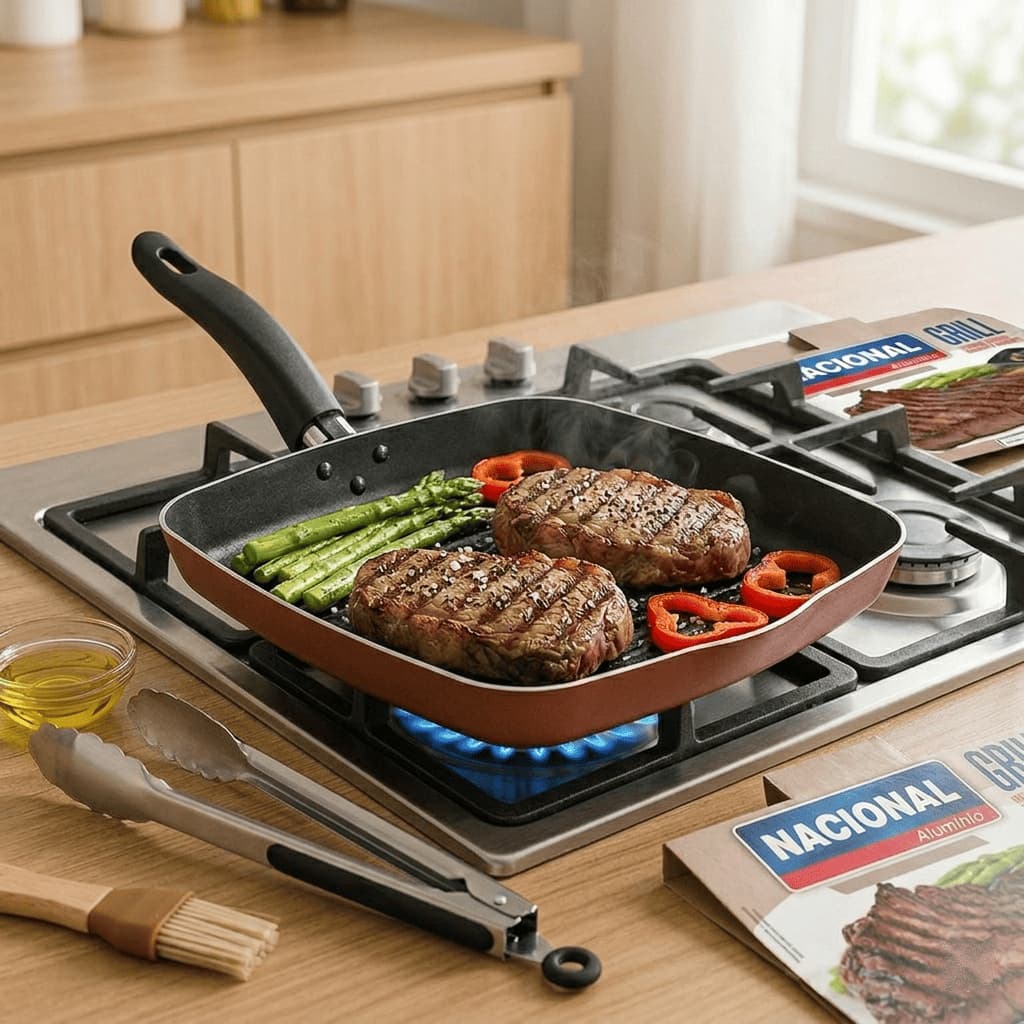 Frigideira Bifeteira Grill 23cm Antiaderente Alumínio Vermelha Techflon Nacional