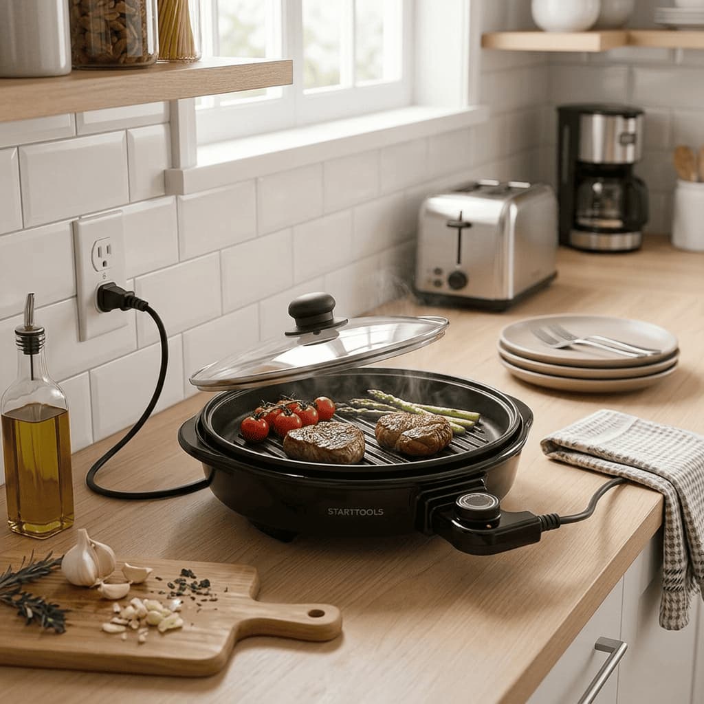 Grill Elétrico Redondo Grande Premium com Termostato 127V 220V Churrasqueira Eletrica Portatil 1200W