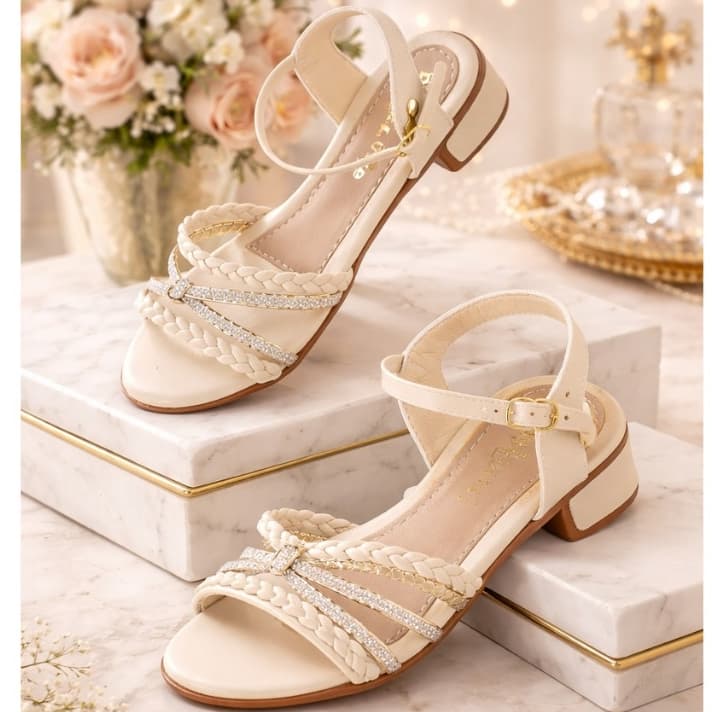 Sandália Infantil Rasteira Feminina Menina Elegante Festa Strass Tira Trançada Saltinho Leve Antiderrapante