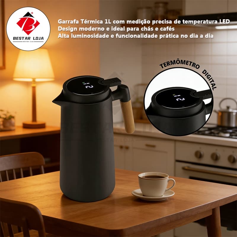BESTAR LOJA Garrafa Térmica 1 Litro Com Termômetro Led Para Chás / Café Design Modern 1000lm