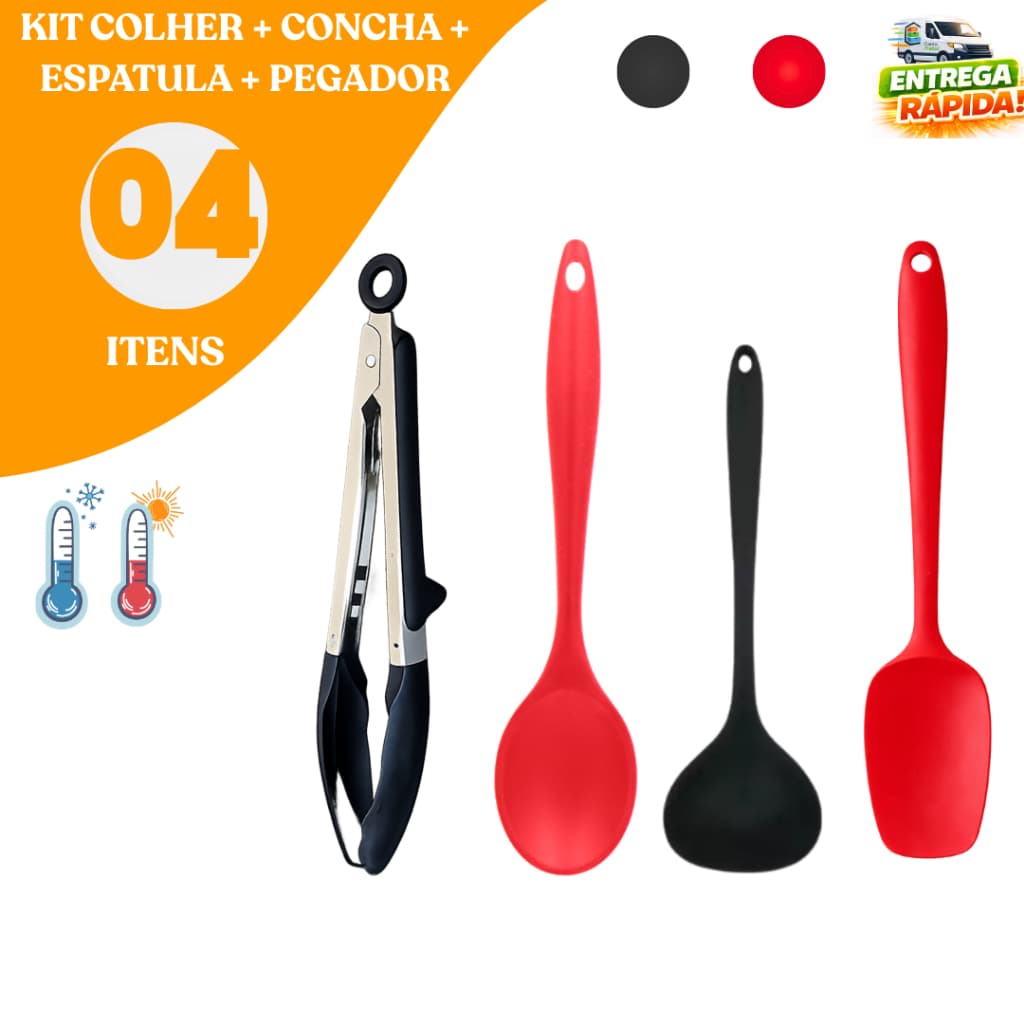 Kit 4 Utensílios de Silicone Premium Variado Para Cozinha Design Moderno e Resistência Restaurante