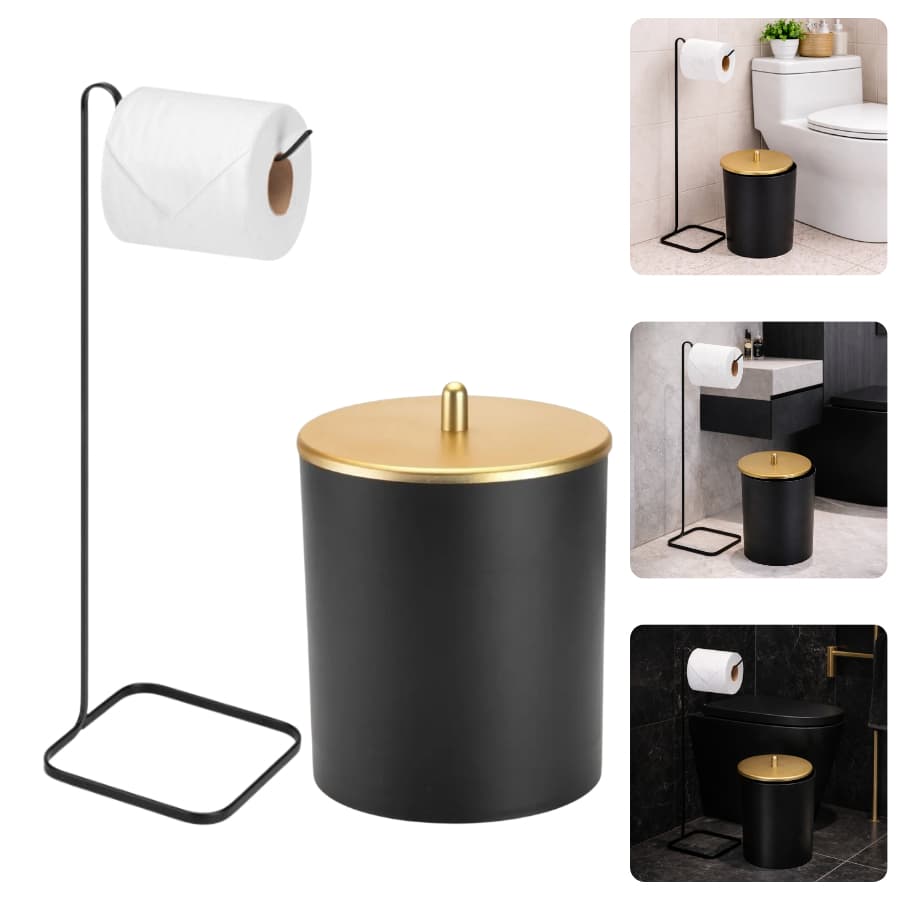 Kit Acessórios Banheiro Lixeira 5 Litros Porta Papel Higienico Preto Dourado Fosco Elegante