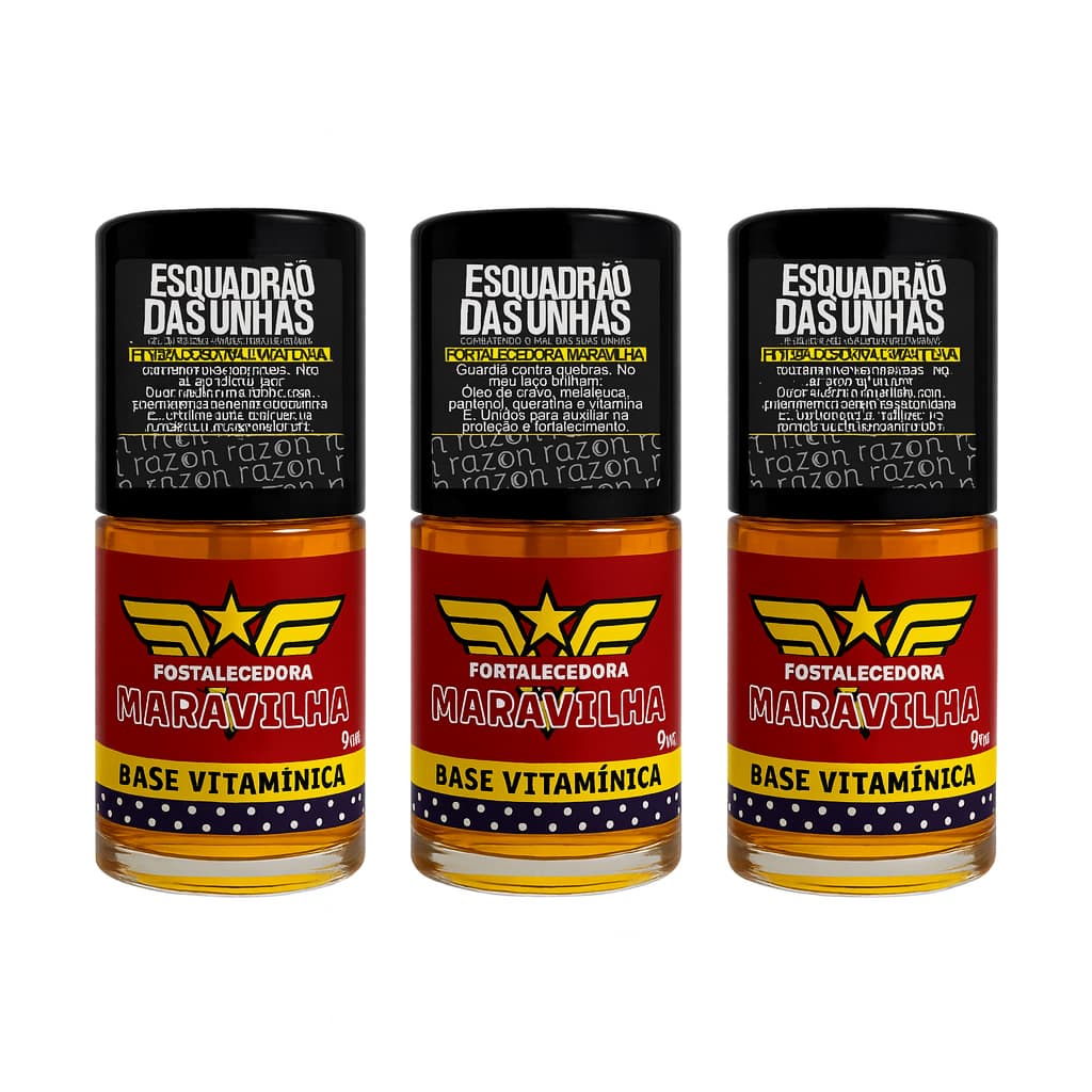 Kit 3 Base Vitamínica de unha Fortalecedora Maravilha 9ml Esquadrão das Unhas com Cravo e Vitaminas