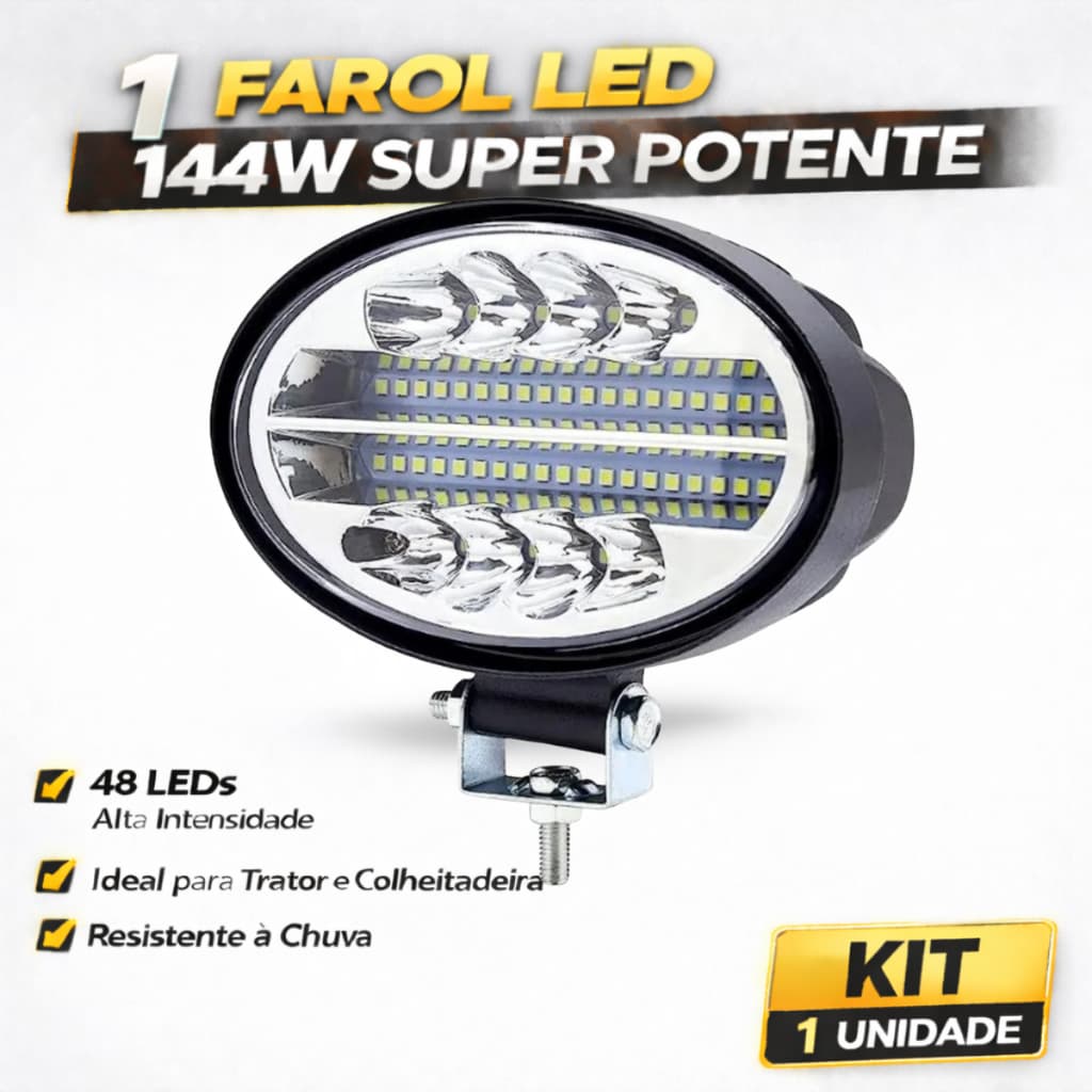 Farol Led 12v 24v Oval 144w Forte Trator Colheitadeira Jeep