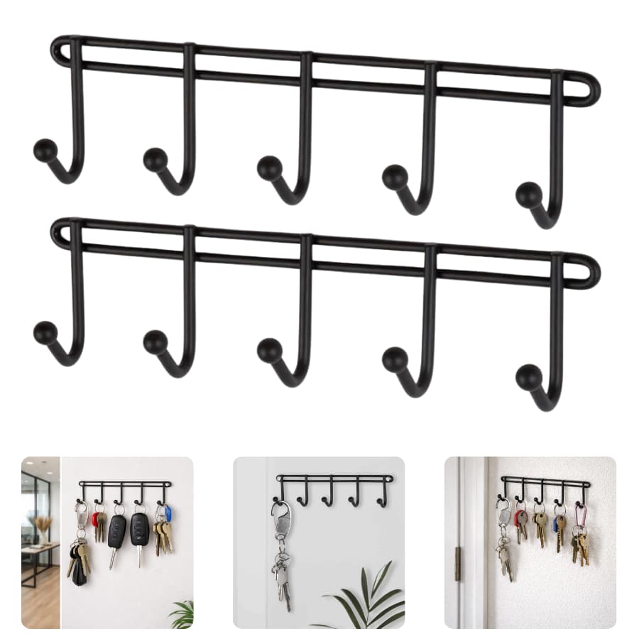 Kit Com 2 Porta Chaves De Pendurar Parede Preto Fosco 5 Ganchos Organizador