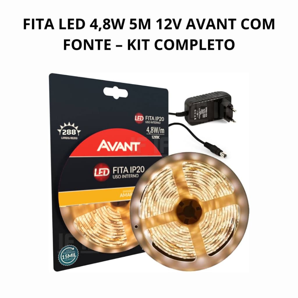 FITA LED 4,8W 5M 12V AVANT COM FONTE – KIT COMPLETO
