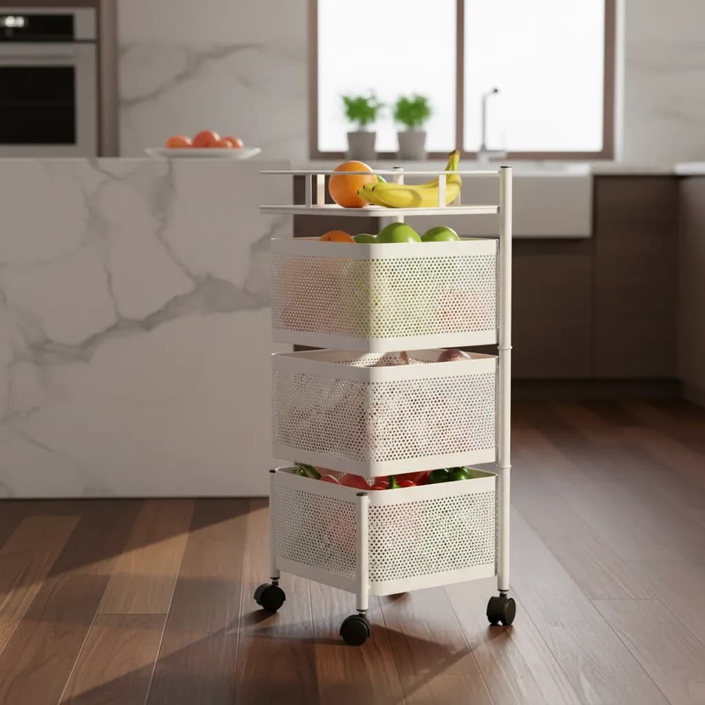 Fruteira Nicho de Chão Quadrada com 3 Divisórias Preta ou Branca de Metal Multiuso Organização Estilo para Toda a Casa