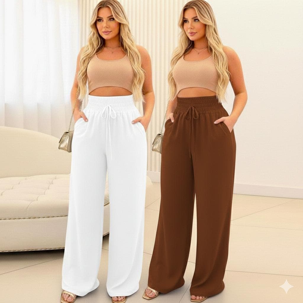 Calça Pantalona Cintura Alta com Bolso e Forro Feminina Duna Wide Leg Elegante Confortável Estilosa