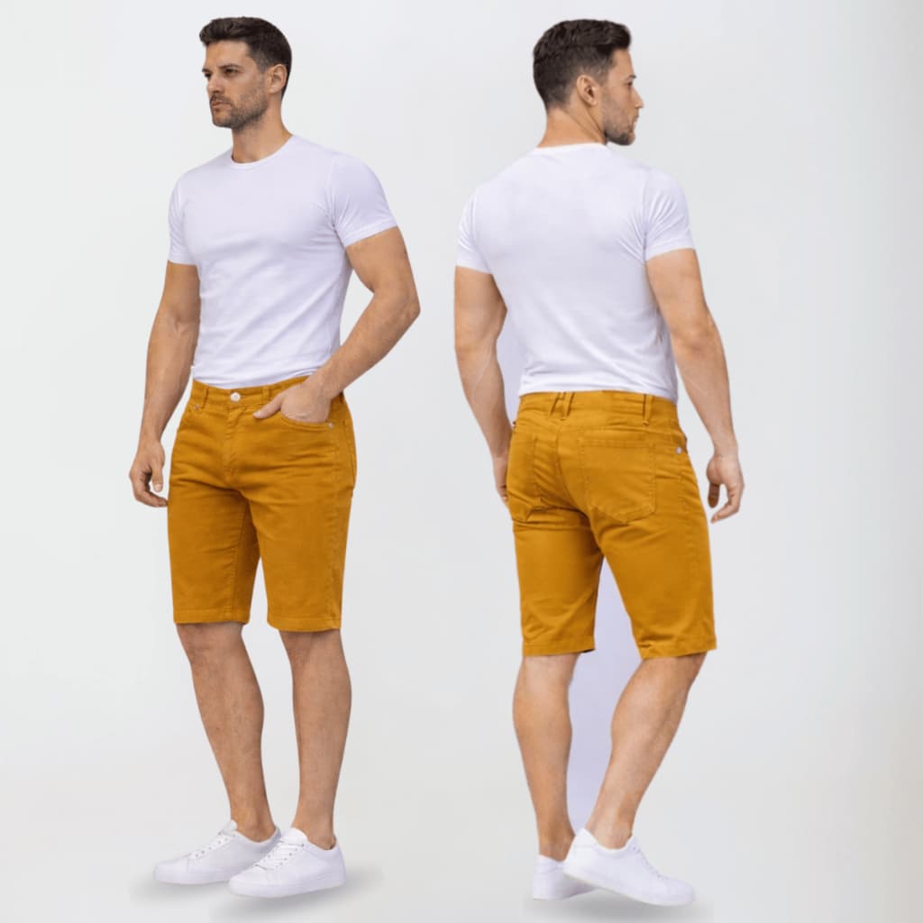 Bermuda Mostarda De Brim Sarja Com Lycra Bolso Funcional Confortável