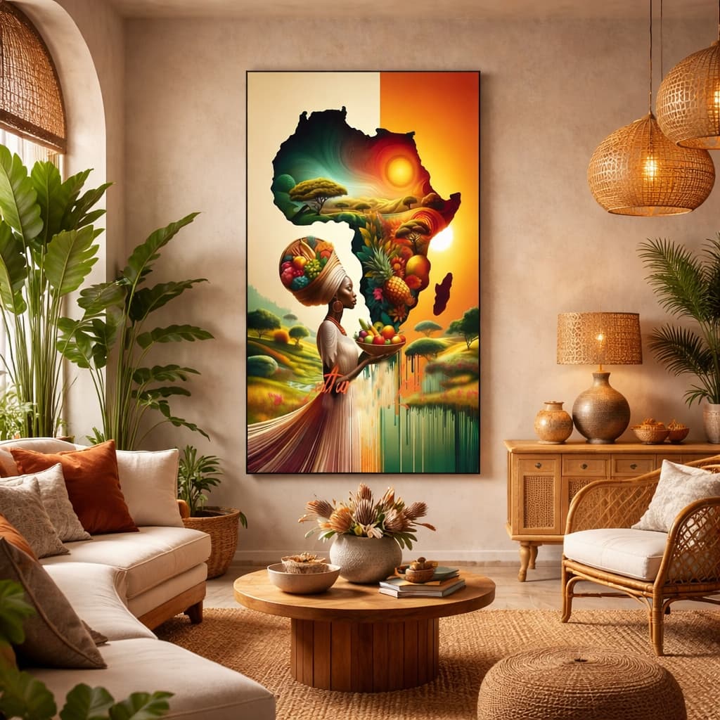 Quadro Decorativo Pintura Mulher Africana Representatividade Com Frutas e Continente nas Mãos