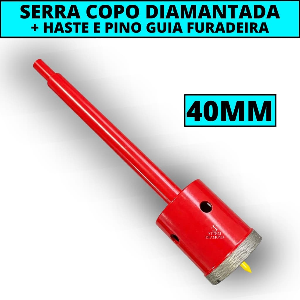 Serra Copo Broca Diamantada 40mm + Haste Comum Ou Sds Martelete Furar Parede Azulejo Concreto Pisos