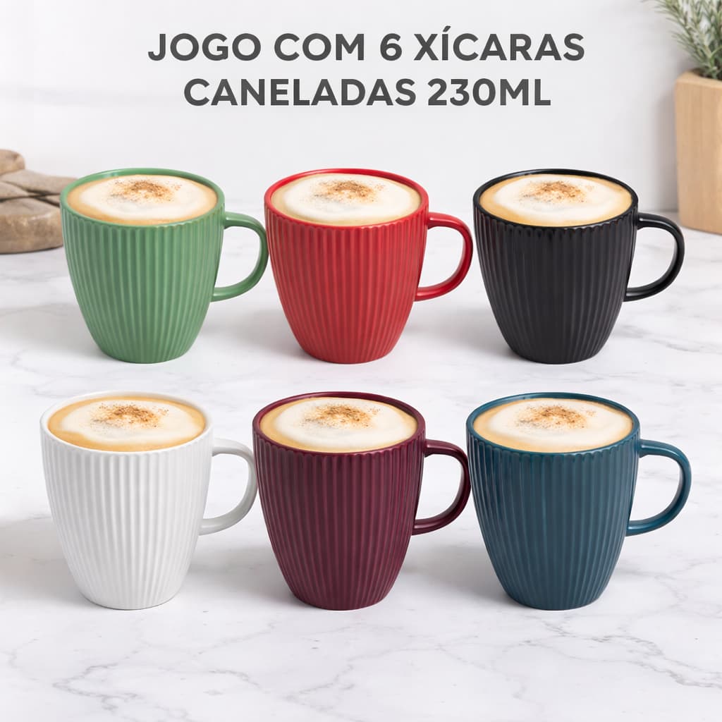 Jogo 6 Xícaras Caneladas Coloridas 230ml Porcelana Caneca Café Chá Moderna Resistente Luxo