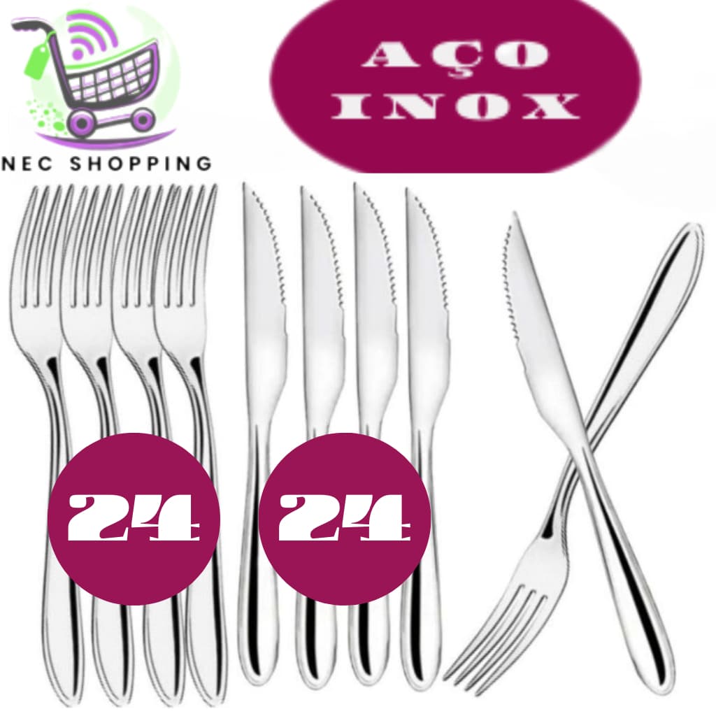 Kit 48 Peças Talheres 100% Inox 24 Garfo 24 Faca  Premium Casa Cozinha Restaurante Banquete Resort