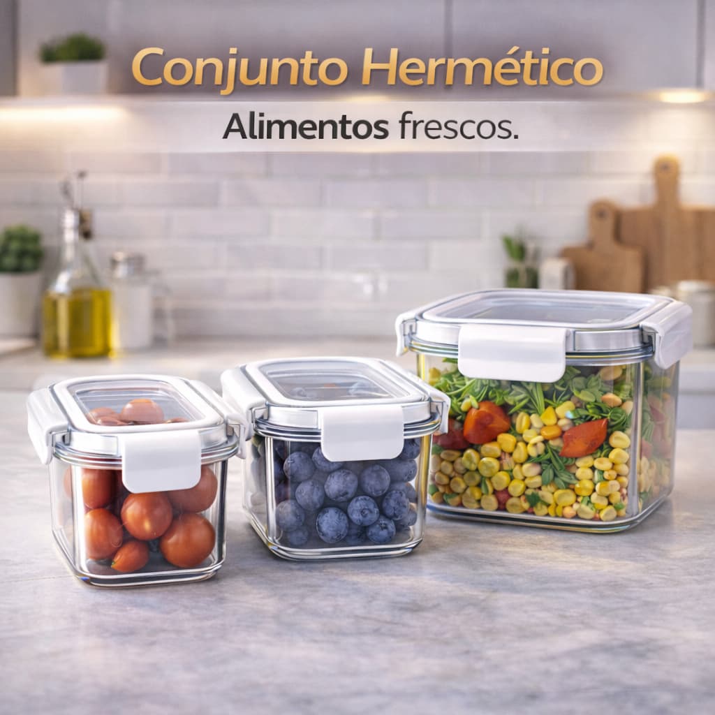 Potes Herméticos com Trava Kit Com 3 Retangular Organizador Alimentos Geladeira Transparente Vedação
