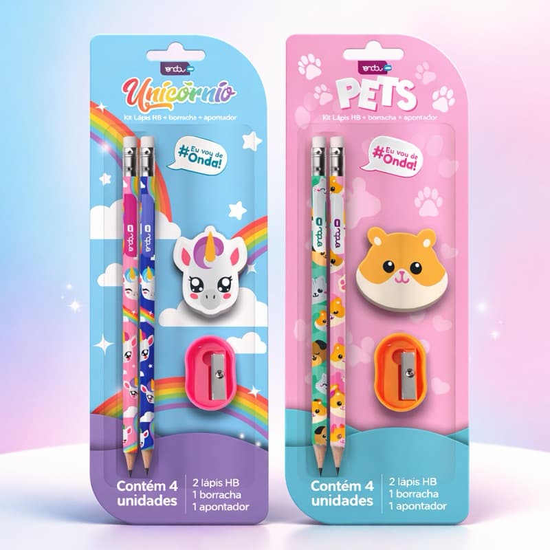 KIT ESCOLAR UNICÓRNIO OU PETS 4 PEÇAS - 2 LÁPIS HB + BORRACHA + APONTADOR