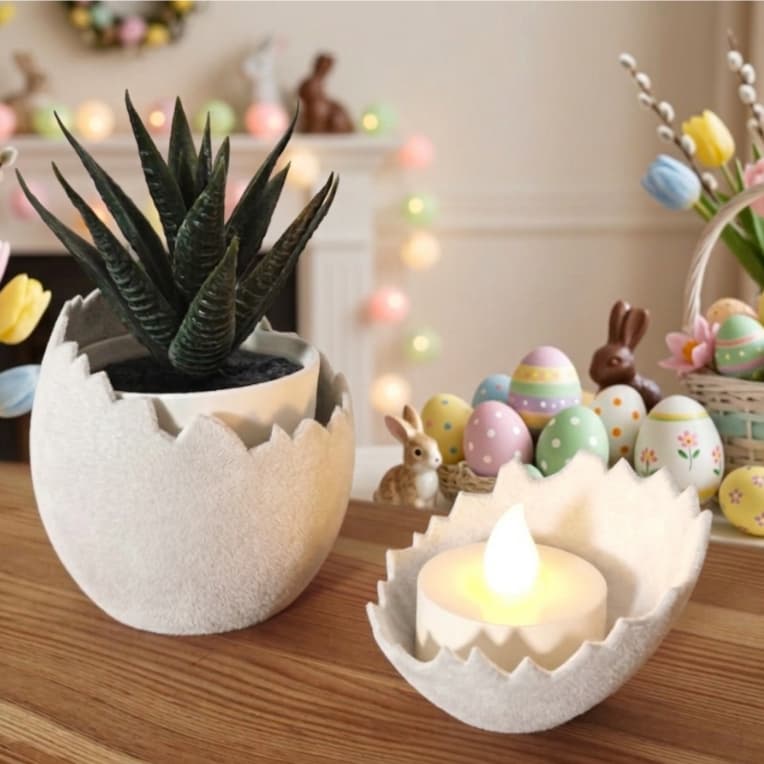 Vaso Decorativo Casca de Ovo de Páscoa 3D - Kit Suculenta e Porta Vela LED