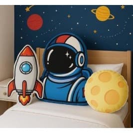 Almofada decorativa, contornada, foguete, astronauta, lua. Tamanho 30cm