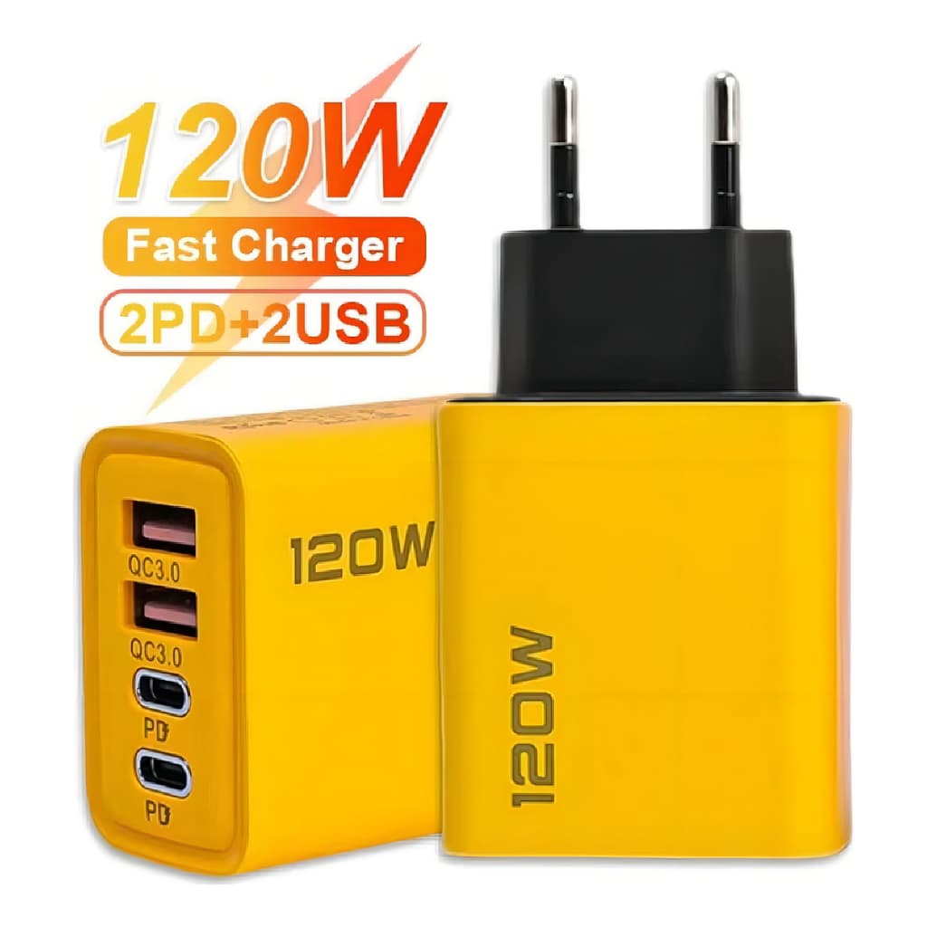 Carregador de Parede 120W Turbo QC3.0 PD 4 Portas USB/USB-C Amarelo Rápido Universal PRONTA ENTREGA.