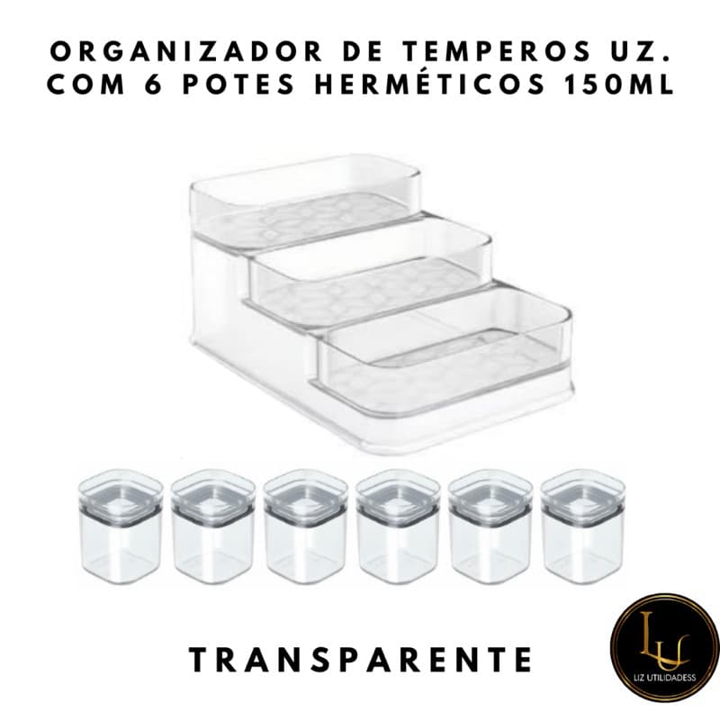 Kit Porta Temperos com 6 organizadores Herméticos Transparente Translucido UZ.