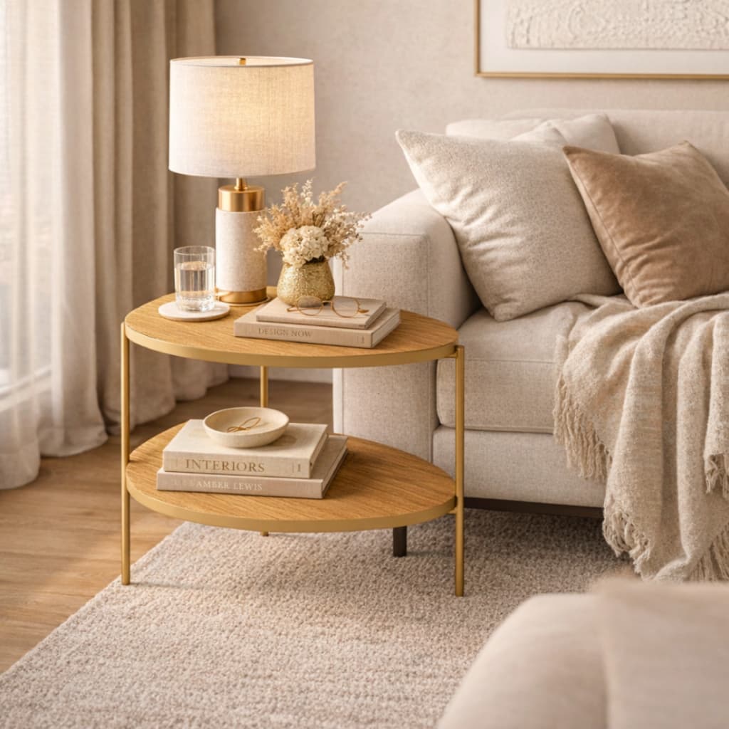 Mesa Lateral Tampo Duplo Orgânico Canela Amadeirada MDF Pés De Aço Sala Apoio De Livro