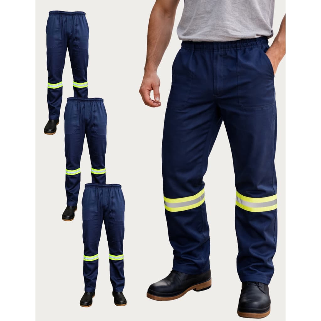 Kit 3 Calças Com Faixa Refletiva Brim Grosso Uniforme Reforçada Trabalho Obras Rodovias Manutenção