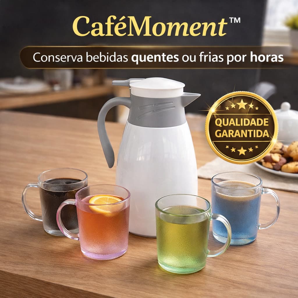Conjunto Garrafa Térmica CaféMoment™ 1L + 4 Canecas Kit Café Chá Conserva Quente Frio