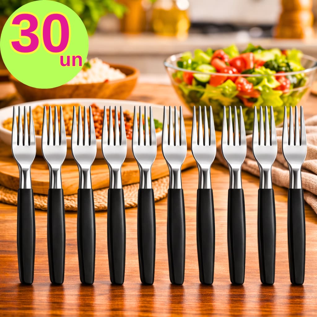 Kit 30 Conjunto de Garfos de Mesa Aço Inox Premium com Cabo Preto19cm para Casas Restaurantes