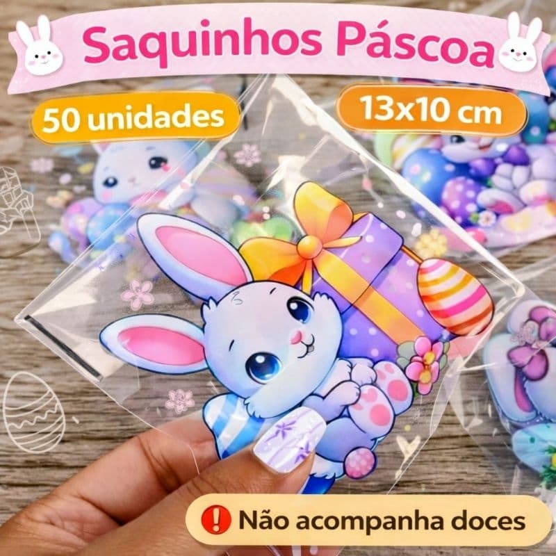 50 Saquinhos Plásticos Páscoa Coelhinho 13x10 | Embalagem para Doces e Lembrancinhas