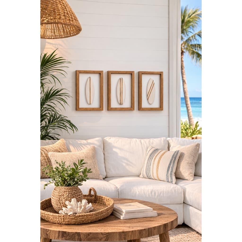 Kit 3 Quadros Prancha Branca Decoração Náutica Praia Surf