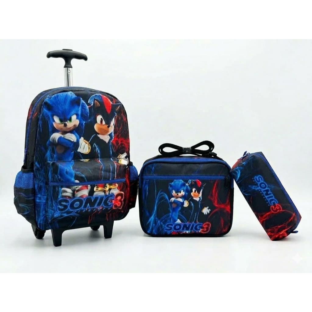 Kit mochila escolar rodinha sonic 3 com lancheira térmica e estojo, tamanho grande envio rápido